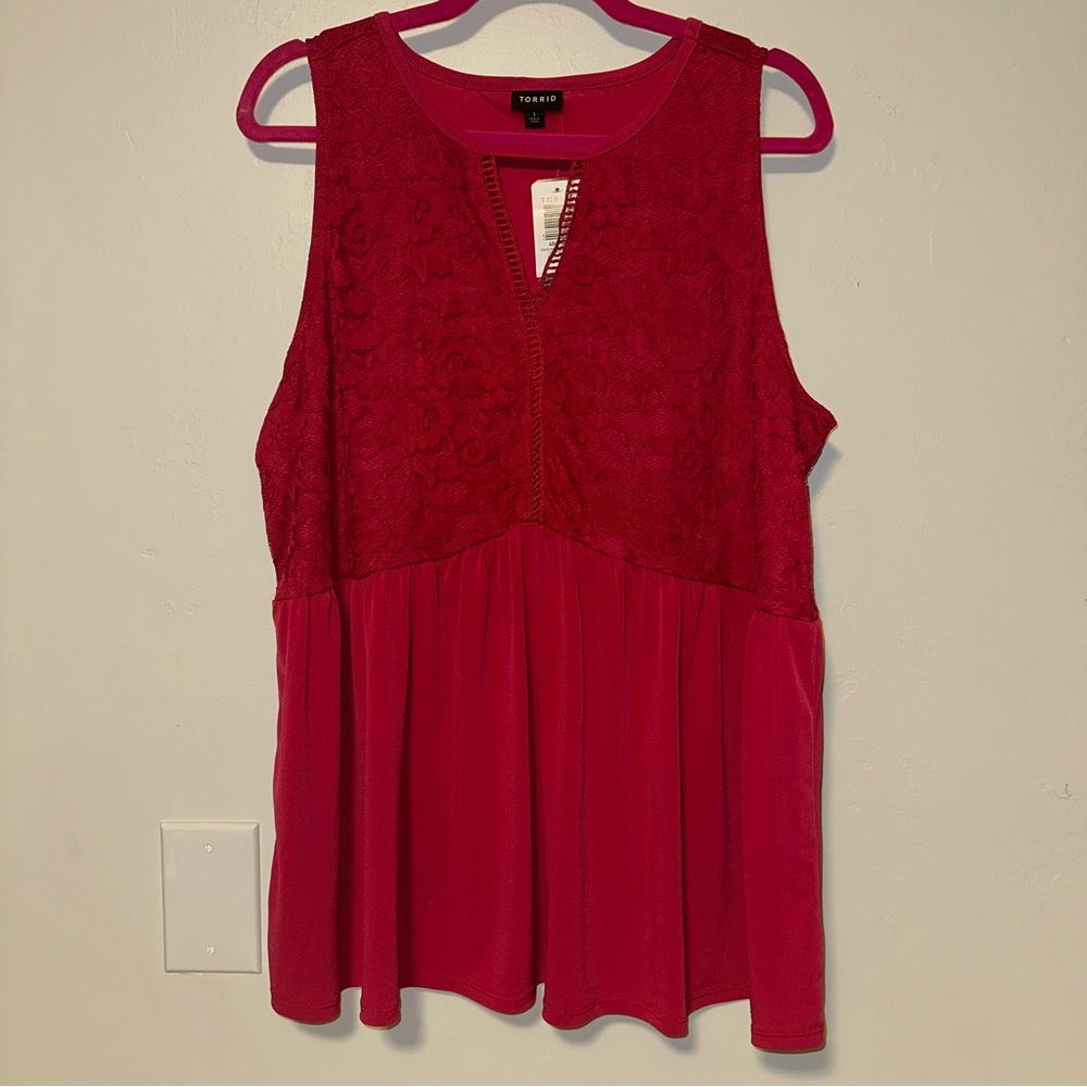 Torrid Studio Knit Crew Neck Keyhole Lace Babydoll Tank in Cherries Jubilee